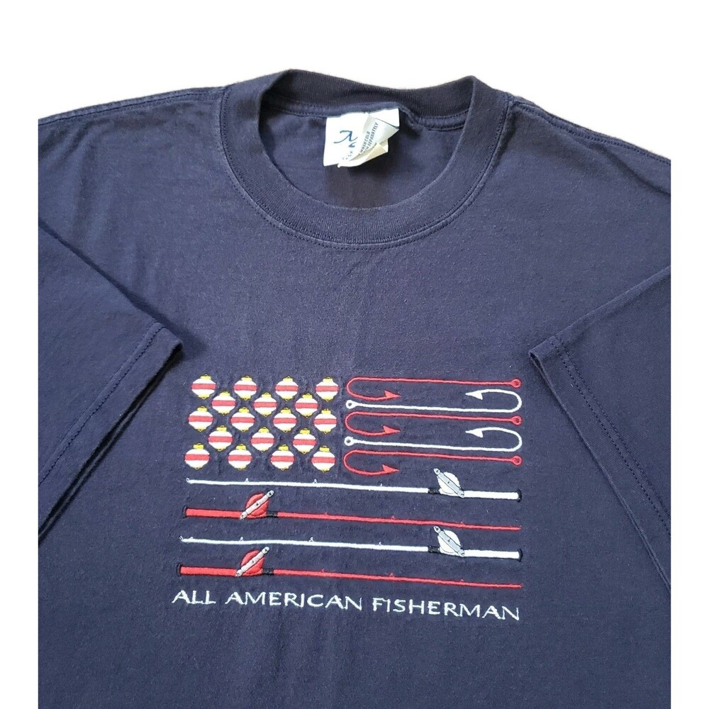 Vintage 90s All American Fisherman Flag Sz XL Embroidered Mens Navy Blue T-Shirt
